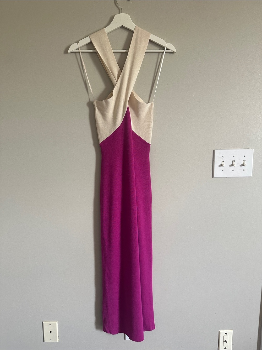 Lush Cream and Fuchsia Crisscross Knit Halter Midi Dress - Picture 12 of 14